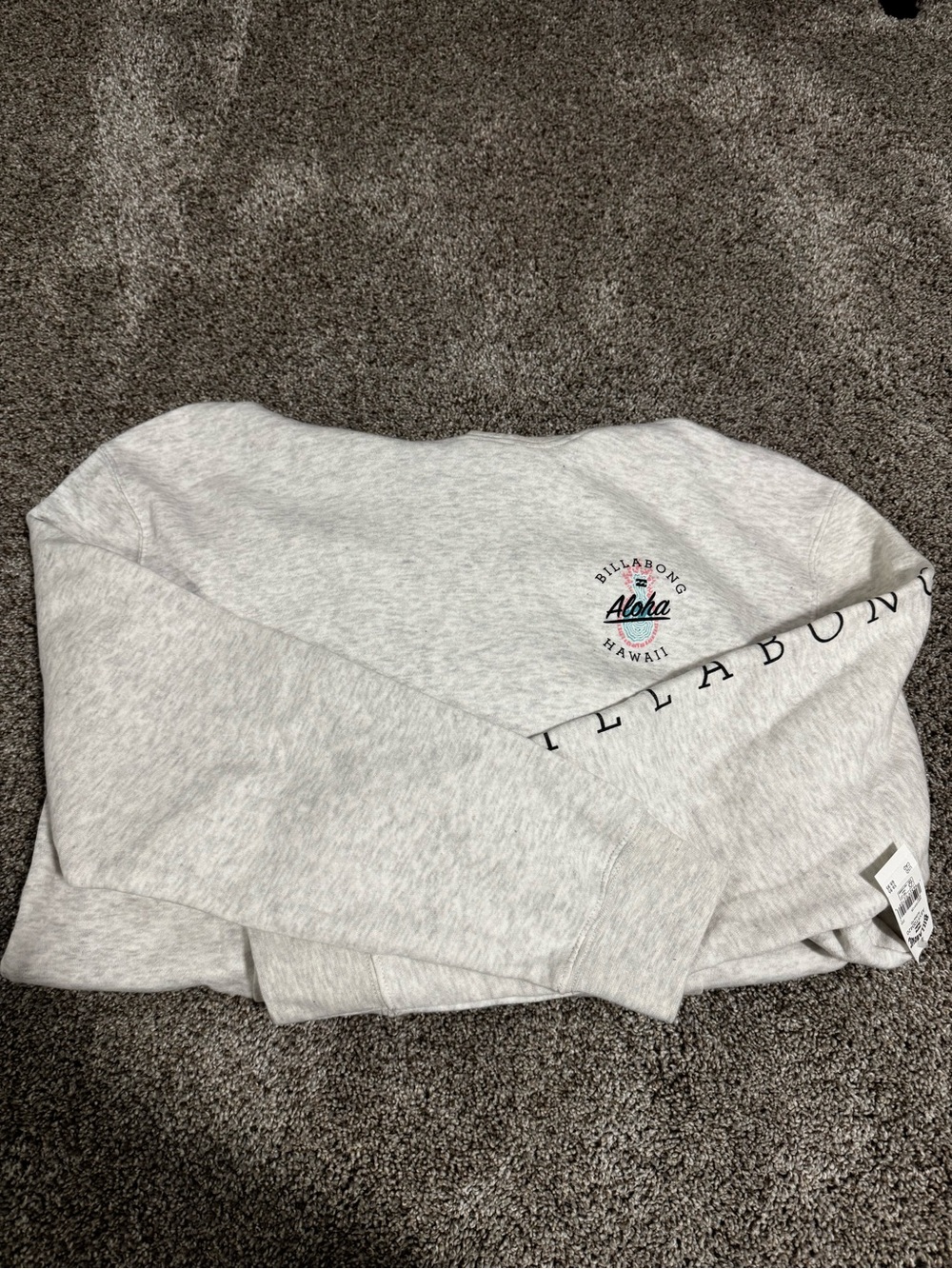 Billabong Women’s Light Gray Crewneck Sweatshirt with Aloha Graphic NWT